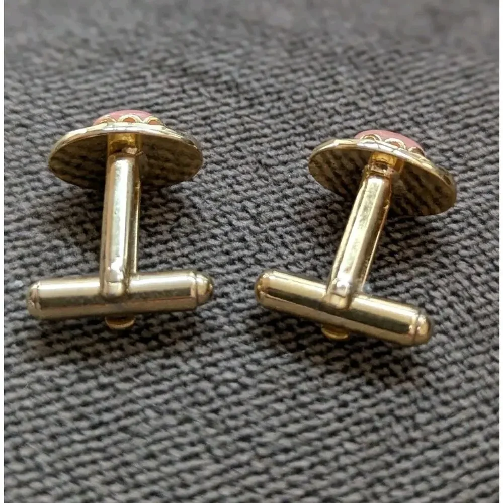 Cuff links & Tie Tack Bar Natural Pink Coral 4 PC set Gift Box Gold Tone Hawaii